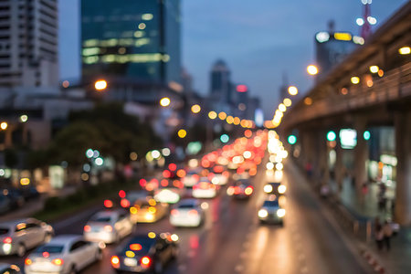 Blurred of car on road in city, bokeh backgroundの写真素材