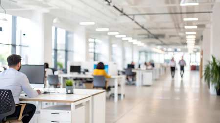 Blurred image of business people working in modern office with bokehの写真素材