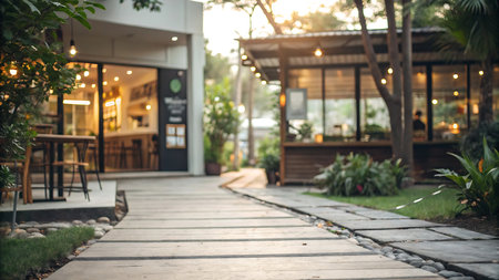 Blurred background of coffee shop and cafe at sunset, vintage toneの写真素材