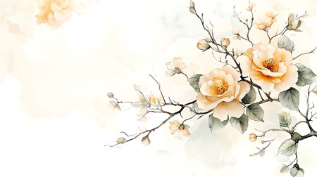 Watercolor floral background with blooming branches. Hand drawn illustration.の写真素材