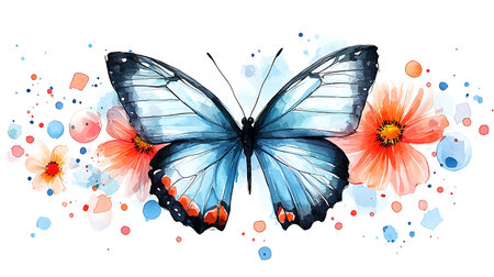 Butterfly with flowers and watercolor splashes. Vector illustration.の写真素材