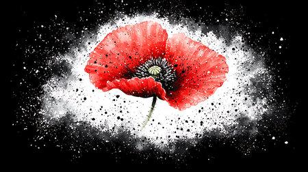poppy flower on a black background with splashes of white paintの写真素材