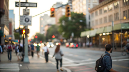 Blurred background of people walking on the street in New York Cityの写真素材