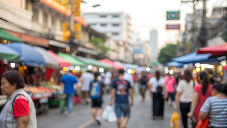 Blurred image of people walking and shopping at street market in Bangkok, Thailandの写真素材