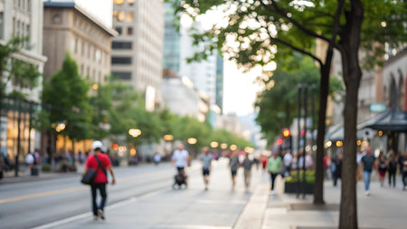 Blurred background of people walking in the street in a cityの写真素材
