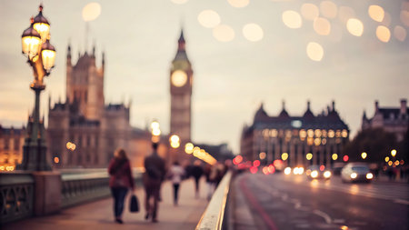 Blurred background of Big Ben and Westminster Bridge in London, UK