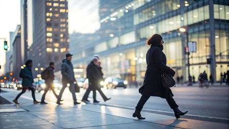 Business people walking in the city at night. Blurred motion.の写真素材