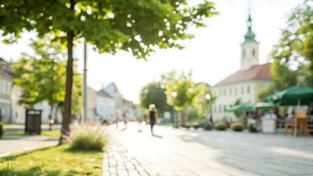 Blurred background of people walking in the old townの写真素材