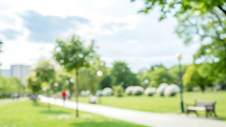 Blurred background of city park with bokeh. Nature backgroundの写真素材