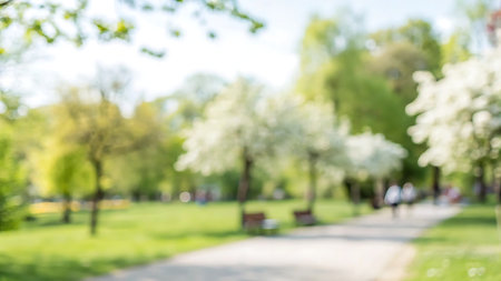 Blurred background of a city park in spring. Defocused background.の写真素材