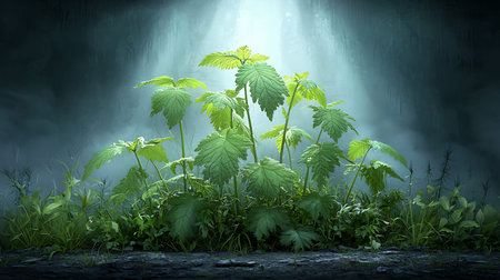 Green nettle growing in the dark forest. 3D rendering.の写真素材