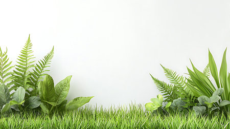 Green grass with leaves on white wall background. 3d illustration.