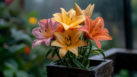 Beautiful lily flowers with raindrops on the backgroundの写真素材