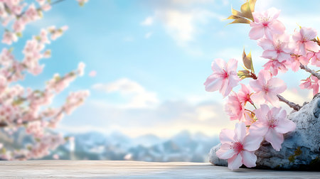 cherry blossom flower on wooden table with blue sky background.の写真素材