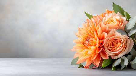 Bouquet of orange roses on a gray background with copy spaceの写真素材