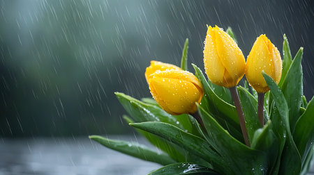 Yellow tulips with rain drops on a wooden table in the gardenの写真素材