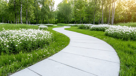 Walkway in the park with white flowers and green grass in summerの写真素材