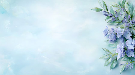 Blue hydrangea flowers on blue sky background. Floral card.の写真素材