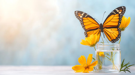 Beautiful yellow cosmos flowers in glass vase with butterfly on light backgroundの写真素材