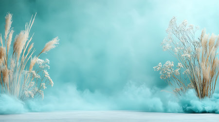 3D render of a winter background with snowflakes and pampas grassの写真素材