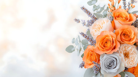 Bouquet of roses and lavender on a white background.の写真素材