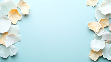 Creative layout made of paper shells on blue background. Flat lay, top view, copy space