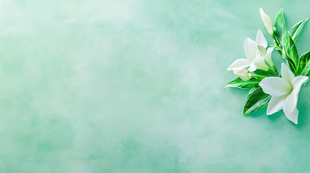 Flowers composition. White calla lily flowers on green background. Flat lay, top view, copy spaceの写真素材
