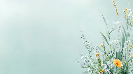 Bouquet of wildflowers on a blue background with copy spaceの写真素材