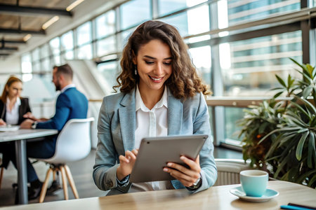 Smiling businesswoman using digital tablet in office with colleagues in backgroundの写真素材