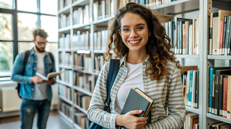 selective focus of smiling student in eyeglasses holding books in library