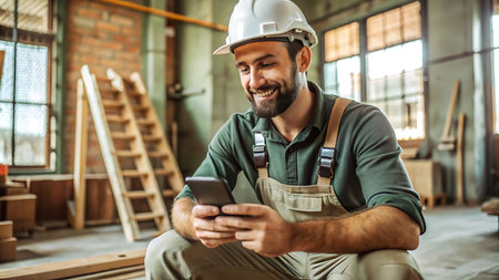 Handsome young carpenter is using a smartphone and smiling while sitting in the workshopの写真素材