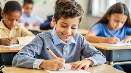 Portrait of smiling schoolboy writing in notebook at desk in classroom