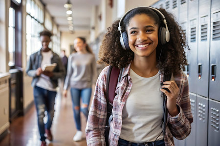 Portrait of smiling female student with headphones in corridor at college schoolの写真素材