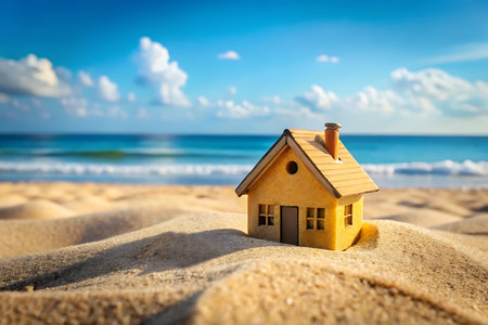 House model on the sandy beach with sea and sky as background.の写真素材