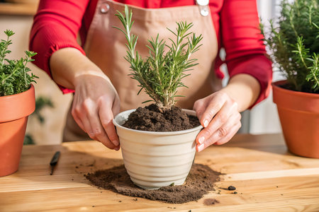 Woman's hands transplanting rosemary plant into a new pot.の写真素材