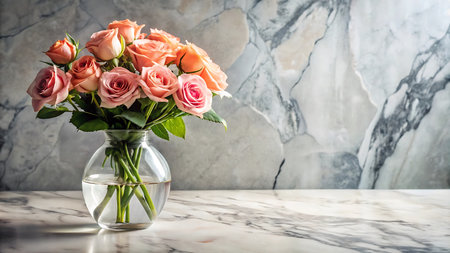 Bouquet of pink roses in vasele table.の写真素材