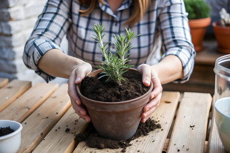 Woman planting rosemary in pot on wooden table. Gardening conceptの写真素材