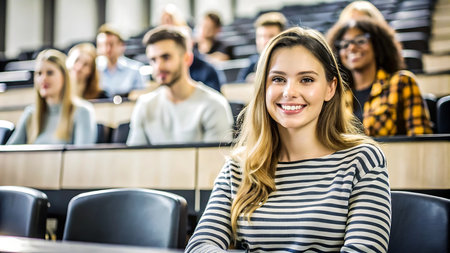 Portrait of smiling student sitting in lecture hall with her classmates in backgroundの写真素材