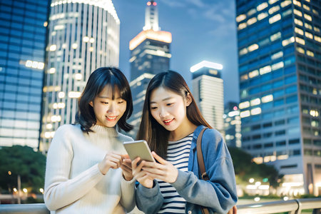 two beautiful asian woman use smart phone in modern city at nightの写真素材