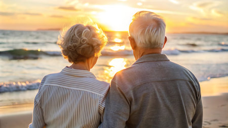 Rear view of senior couple looking at the sunset on the beachの写真素材