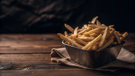 Golden French fries in metal bowl on rustic wooden table, selective focus