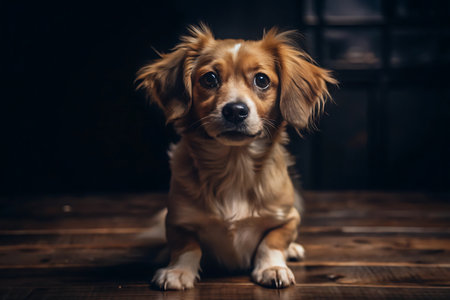 Cute dog looking at camera on wooden floor in dark room.の写真素材