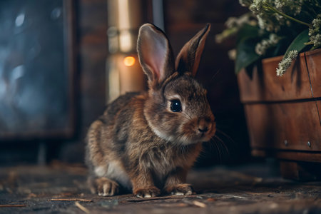 Cute brown rabbit sitting on the floor in the room with flowersの写真素材