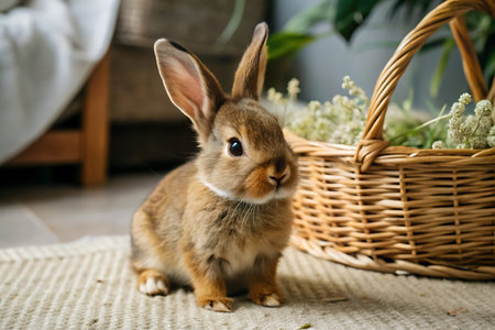 Cute little rabbit in wicker basket on the floor at home