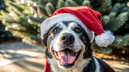 Funny portrait of cute smilling puppy dog border collie wearing santa claus christmas hat outdoors.の写真素材