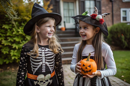 Cute little girls in halloween costumes having fun at homeの写真素材