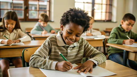 Portrait of happy african american boy writing in notebook in classroomの写真素材