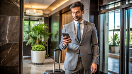 Businessman using mobile phone while standing in hotel lobby. Business trip concept.の写真素材