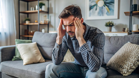 sad young man touching head while sitting on sofa in living roomの写真素材