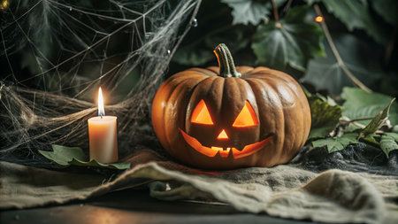 Halloween pumpkins with candle and cobwebs on dark backgroundの写真素材